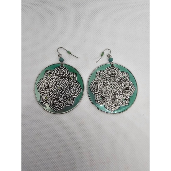 Boho Mandala Dangle Earrings Silver & Green Enamel DoubleSided Statement Jewelry - Picture 1 of 3